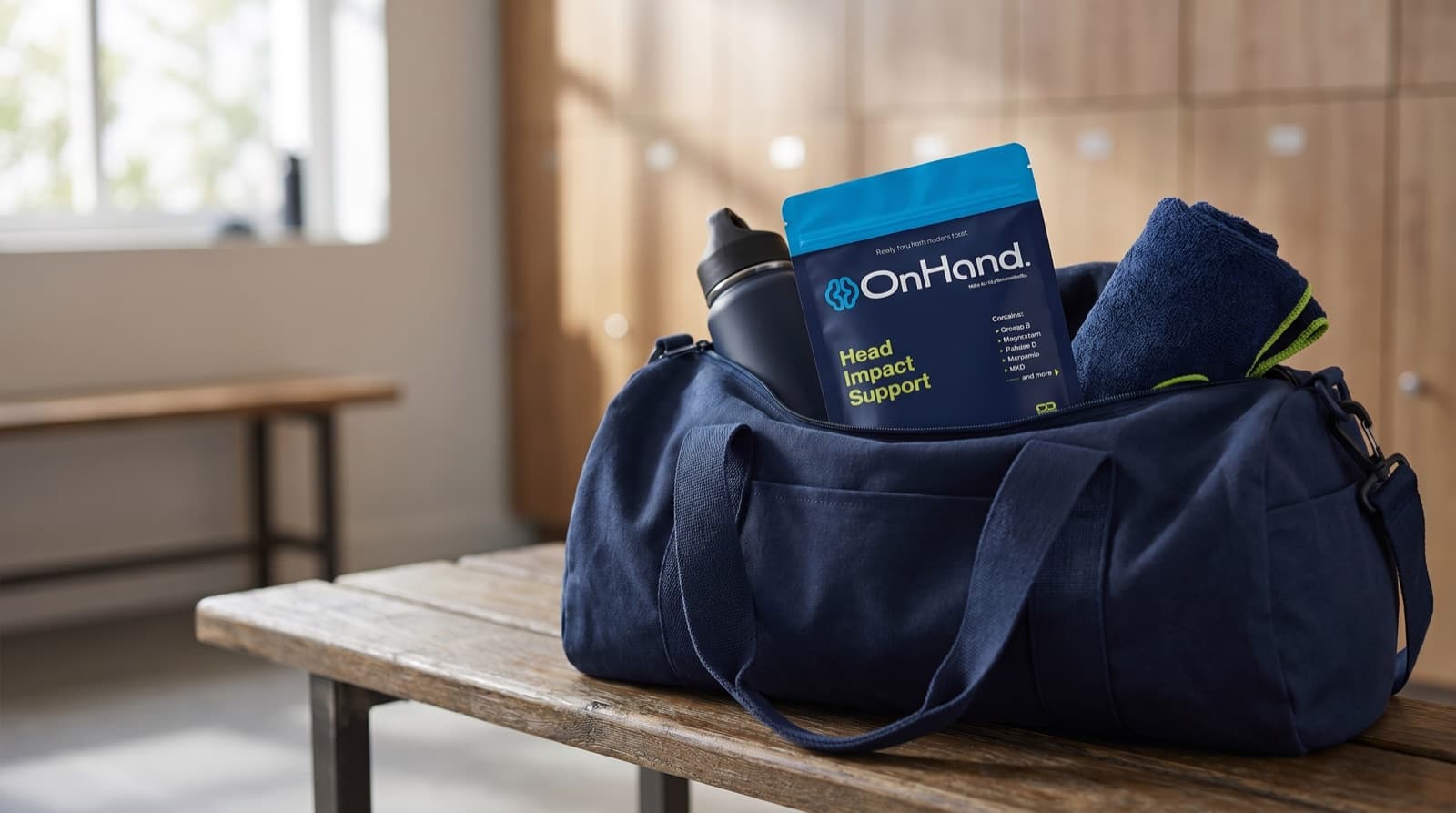 A parent packing an OnHand pouch into a sports bag